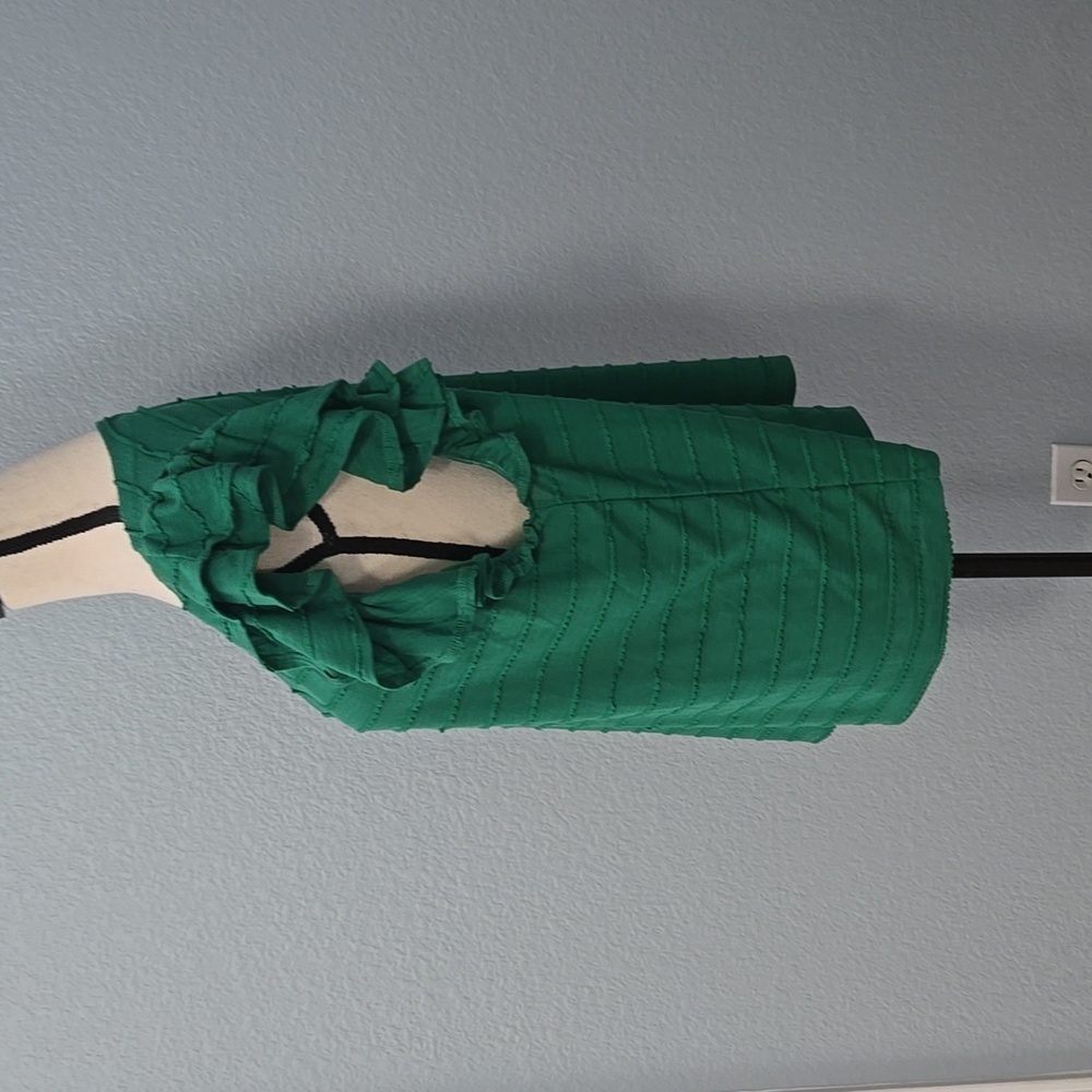 ANTHROPOLOGIE Double Ruffle Emerald Short Sleeve Blouse Top Rounded Neck Sz XL - Picture 5 of 11